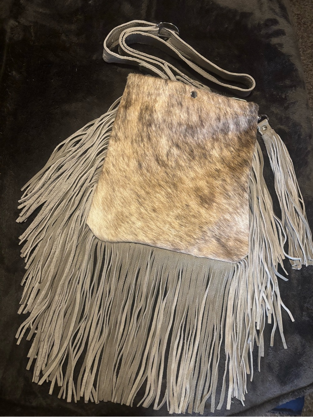 Neutral Haircalf and Suede Fringe Crossbody Bag